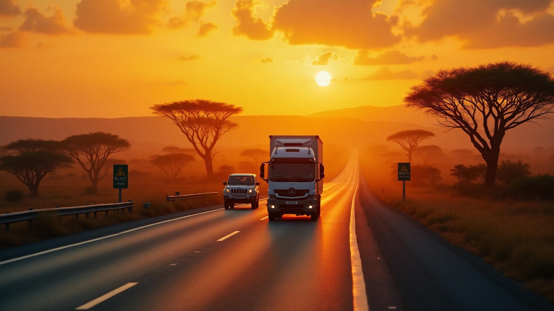Highway through African savanna at sunset